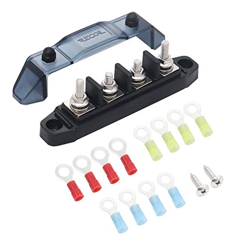 Recoil BBSPG4 Discrete 4 Position Barrier Strip Bus Bar 4 x M5 Studs Terminals Power Distribution Block Busbar with Ring Terminals - Image 1