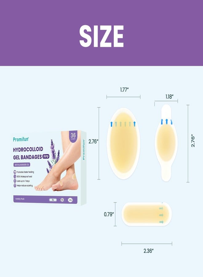 Promifun Better Blister Bandages Pads - Lavender Extract Infused Gel Blister Cushions - 30% Faster Healing - Waterproof Adhesive Hydrocolloid Bandages for Foot, Toe, & Heel (36 ct, Variety Pack - Image 3