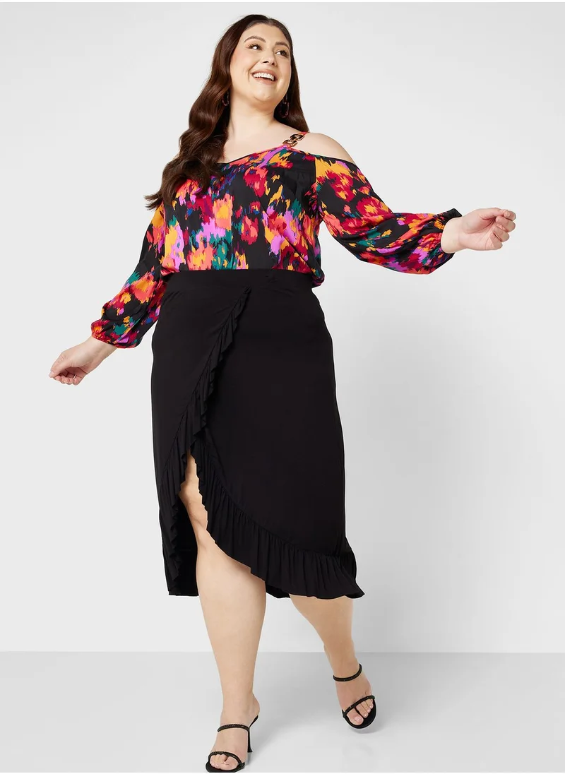 Ginger Plus Cold Shoulder Printed Top