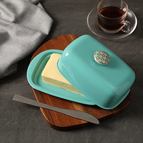 Dudki Stainless Steel Butter Container Dish Storage Box Organizer with Ceramic Knob Design , (500 Gram) (Aqua Colour) - Image 1
