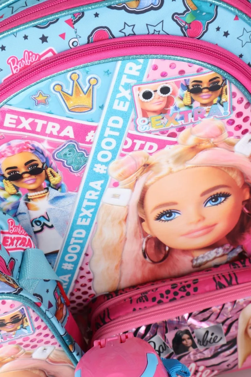 Barbie Decomus Licensed "Pink Blue Princess Collection" School Set with 3 Compartments, Pen and Lunchbox, Water Bottle, Lunch Box, Toothbrush Box
