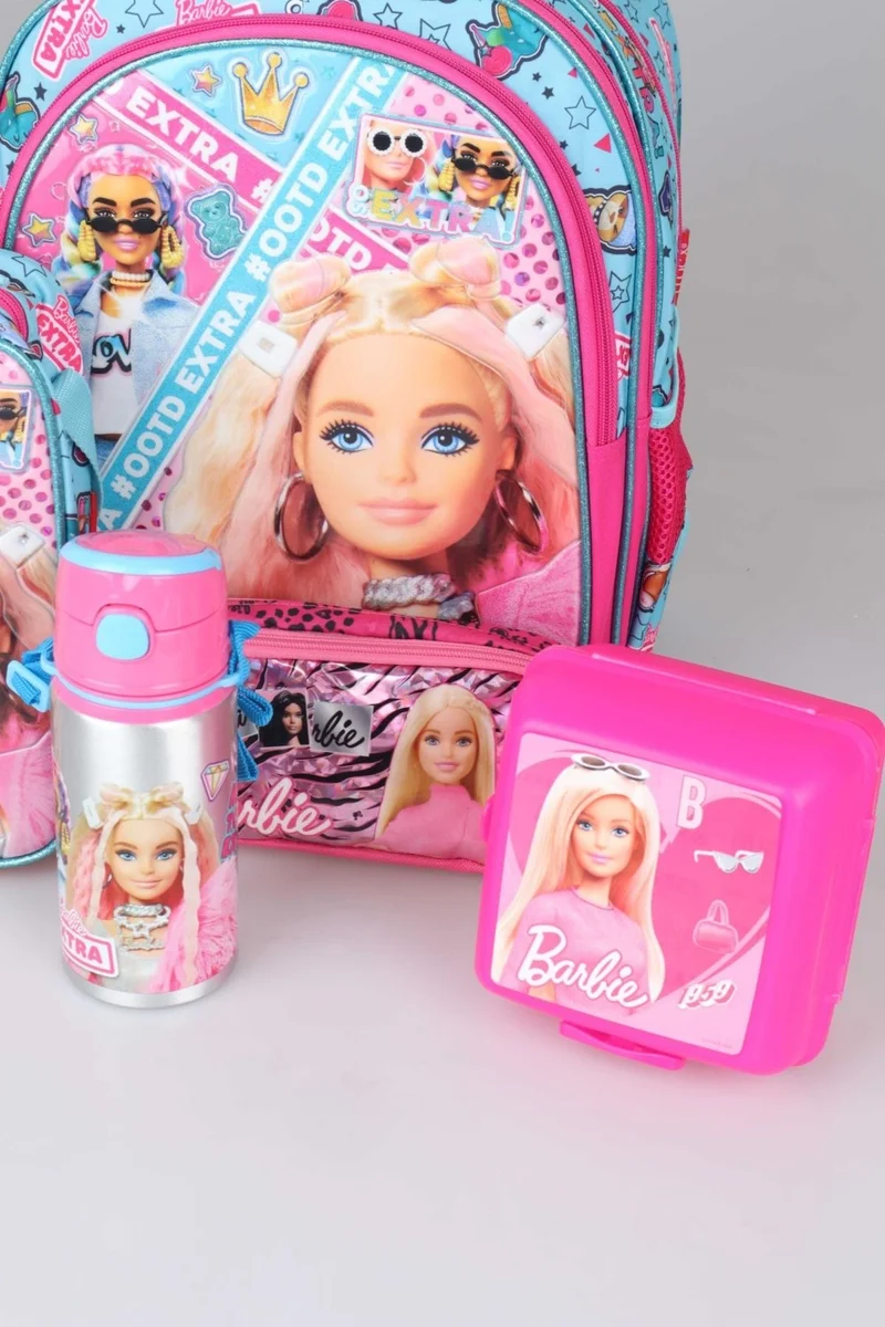 Barbie Decomus Licensed "Pink Blue Princess Collection" School Set with 3 Compartments, Pen and Lunchbox, Water Bottle, Lunch Box, Toothbrush Box