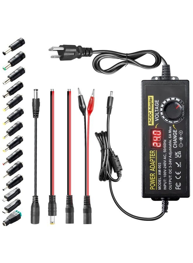 Meiyue 3V~24V 6A 144W Adjustable Power Supply 3V 5V 6V 9V 10V 12V 15V 18V 20V 24V Universal Variable Switching Power AC/DC Adapter,100V-240V AC to DC Converter with 14 Tips & Polarity Converter & 3Test Leads - Image 1