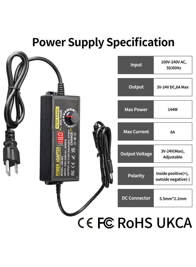 Meiyue 3V~24V 6A 144W Adjustable Power Supply 3V 5V 6V 9V 10V 12V 15V 18V 20V 24V Universal Variable Switching Power AC/DC Adapter,100V-240V AC to DC Converter with 14 Tips & Polarity Converter & 3Test Leads - Image 2