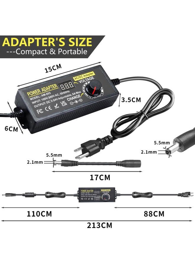 Meiyue 3V~24V 6A 144W Adjustable Power Supply 3V 5V 6V 9V 10V 12V 15V 18V 20V 24V Universal Variable Switching Power AC/DC Adapter,100V-240V AC to DC Converter with 14 Tips & Polarity Converter & 3Test Leads - Image 3