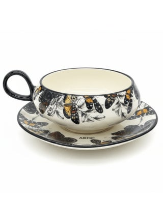 AKDC Elegant White Ceramic Cup & Saucer Set with Artistic Black Butterfly Design, Decorative Drinkware 200ml