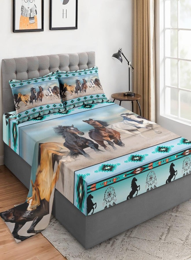 WeCozy King Size Bed Sheet Sets with Pillowcases, Horses Desert Animal 4 Pcs Soft Microfiber Bedding for Kids and Adults, Tribal Farm Sunset Run Flat, Fitted Sheet for Bedroom Bed Decor - Image 1