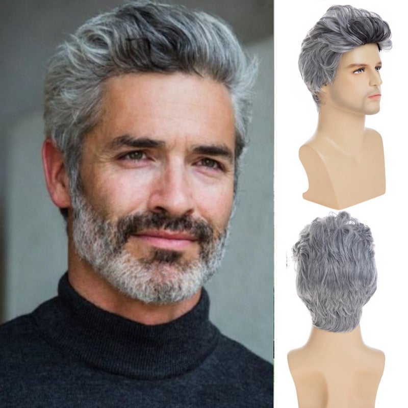 Men Wigs Short Gray Wig Synthetic Heat Resistant Natural Halloween Cosplay Hair Wig