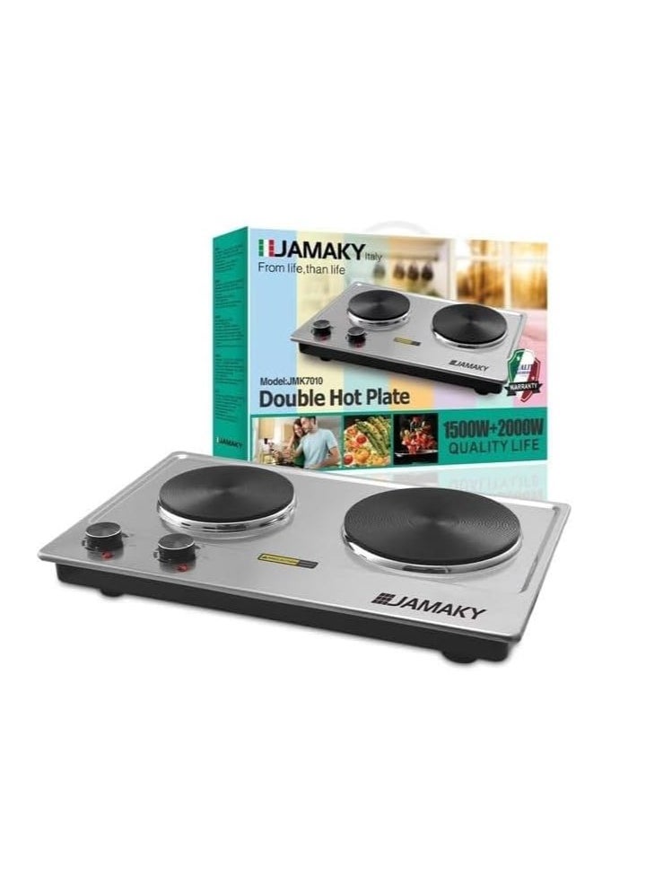 JAMAKY Italy - Electric Flat Cooker with Italian technology, 2 Eyes, 1500+2000 Watt, Silver, JMK7010 - Image 1