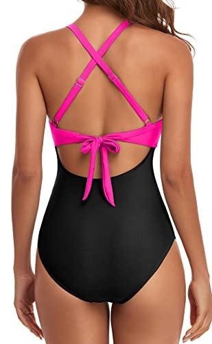 Eomenie Women's One Piece Swimsuits Tummy Control Cutout High Waisted Bathing Suit Wrap Tie Back 1 Piece Swimsuit Hot Pink Black - Image 3