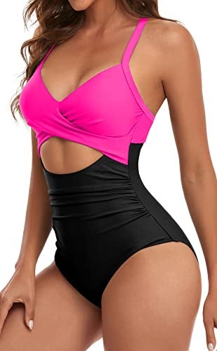 Eomenie Women's One Piece Swimsuits Tummy Control Cutout High Waisted Bathing Suit Wrap Tie Back 1 Piece Swimsuit Hot Pink Black - Image 2