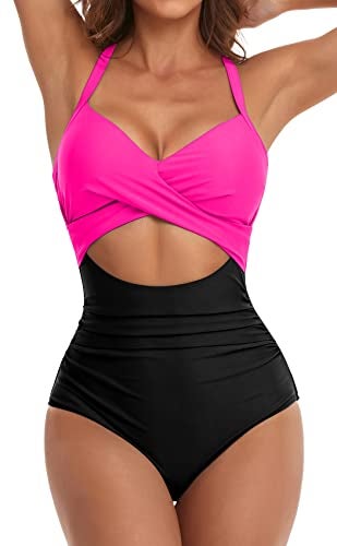 Eomenie Women's One Piece Swimsuits Tummy Control Cutout High Waisted Bathing Suit Wrap Tie Back 1 Piece Swimsuit Hot Pink Black - Image 1