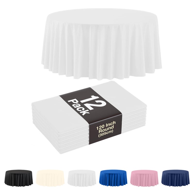 Party Solids Pack Of 12, White Plastic Table Cloth - 120 Inch Round Disposable Tablecloth for Parties - Round Tablecloth - Disposable Table Cloths for Parties - Image 1
