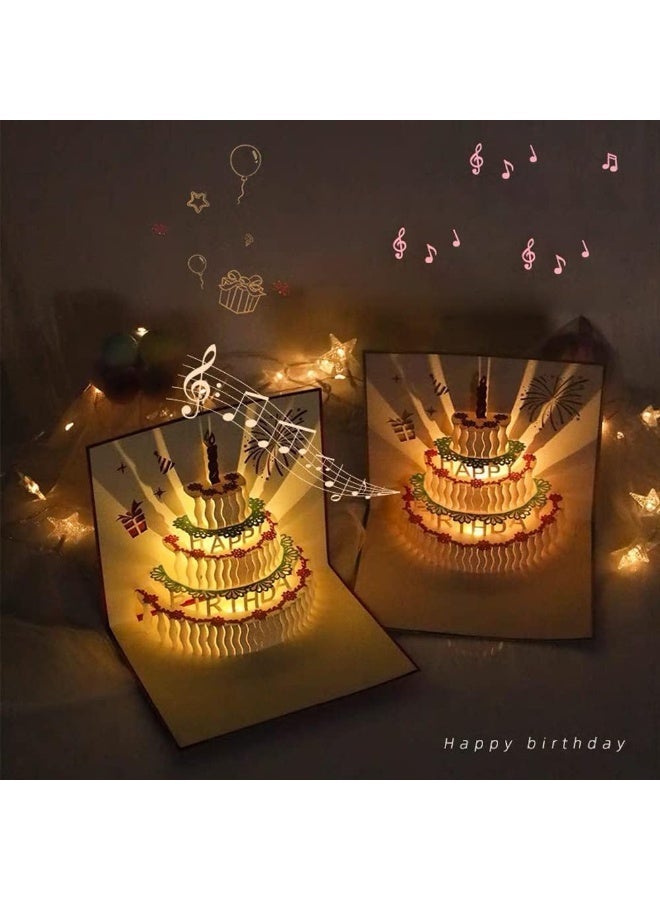 بطاقات عيد ميلاد ثلاثية الأبعاد، تلعب الموسيقى السيارات دافئة LED ضوء عيد ميلاد كعكة بطاقة، بطاقات تحية عيد ميلاد بطاقات الموسيقى لأم زوجة أخت فتاة وأصدقاء 1 حزمة - Image 2