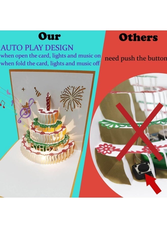 بطاقات عيد ميلاد ثلاثية الأبعاد، تلعب الموسيقى السيارات دافئة LED ضوء عيد ميلاد كعكة بطاقة، بطاقات تحية عيد ميلاد بطاقات الموسيقى لأم زوجة أخت فتاة وأصدقاء 1 حزمة - Image 3