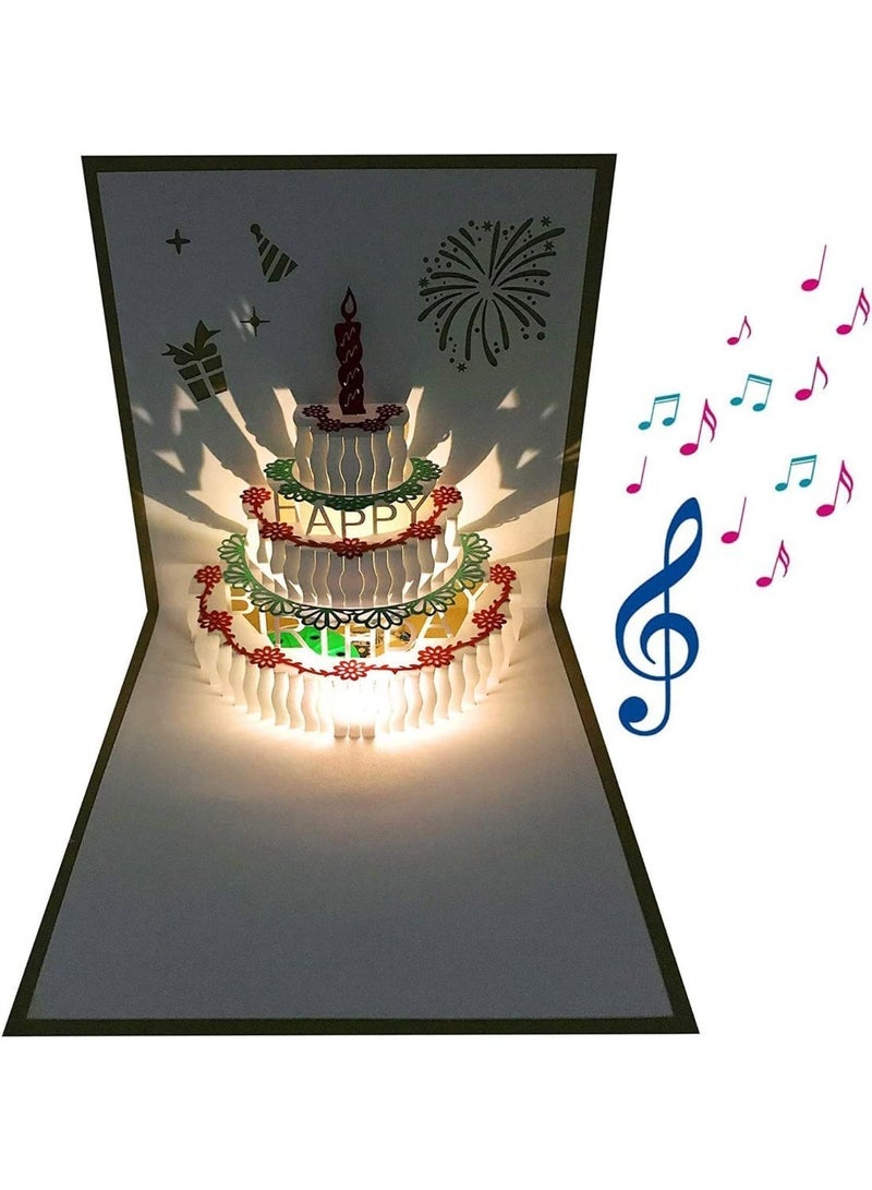 بطاقات عيد ميلاد ثلاثية الأبعاد، تلعب الموسيقى السيارات دافئة LED ضوء عيد ميلاد كعكة بطاقة، بطاقات تحية عيد ميلاد بطاقات الموسيقى لأم زوجة أخت فتاة وأصدقاء 1 حزمة - Image 1