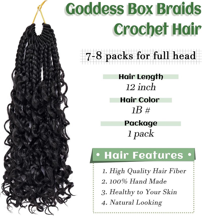 Eerya Goddess Box Braids Crochet Hair 12 Inch 1 Pack Pre-looped Bohemian Crochet Boho Box Braids With Curly Ends 3X Crochet Braids Hair for Women Synthetic Braiding Hair (12 inch, #1B) - Image 2
