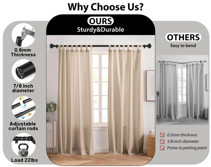 USFOOK Adjustable Curtains Rods for Windows 48 to 84 Inch, USFOOK 7/8 Inch Splicing Single Curtain Pole Set, Decorative Drapery Rods 32 to 86 Inch for Home, Black Square Finials - Image 5