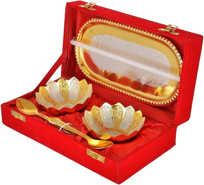 GOLD SILVER PLATED BOWL SPOON TRAY SET DRY FRUITS DESSERT SERVING SET DIWALI GIFTS FRIENDS FAMILY HOME DECORATIVE CORPORATE CHRISTMAS WEDDING RETURN GIFT ITEMS