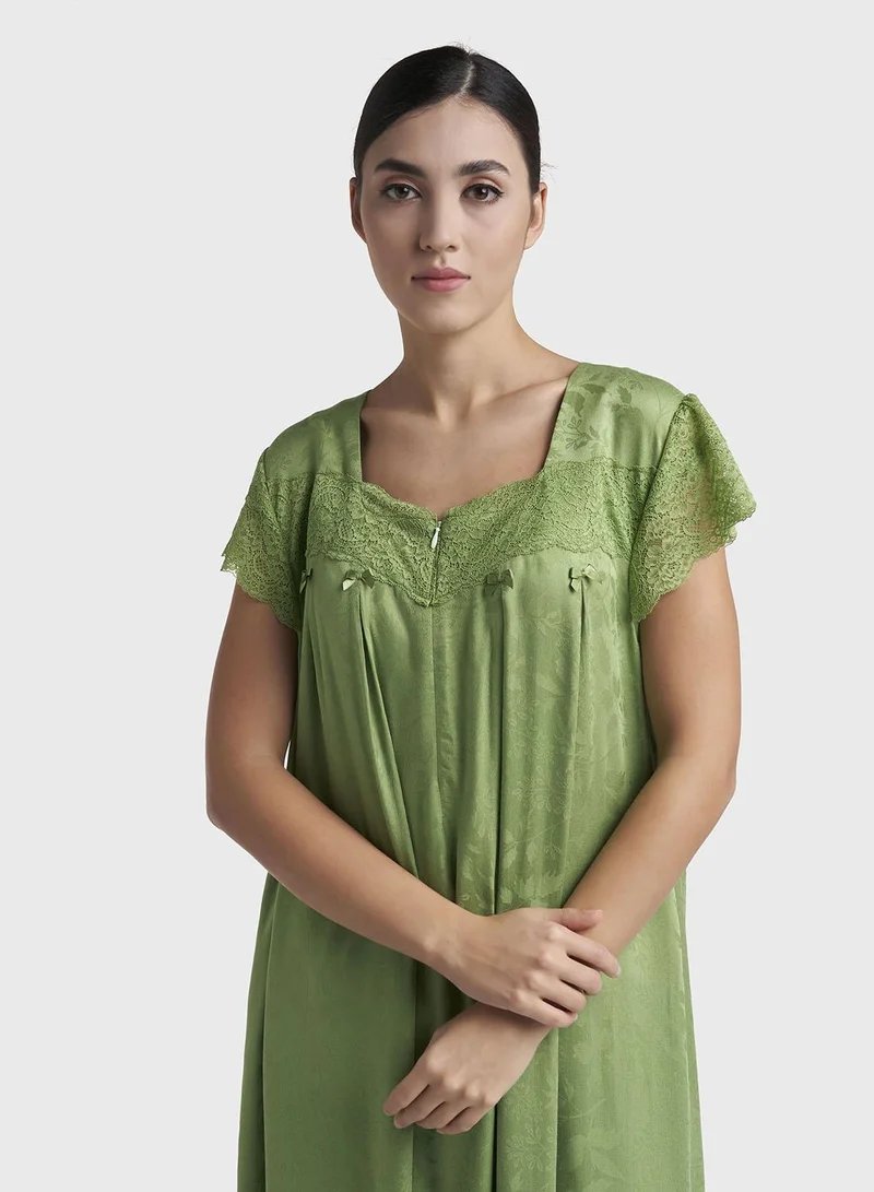 كشخة Green Jacquard Self-Print Rayon Mini Nightwear Dress (CNH506)