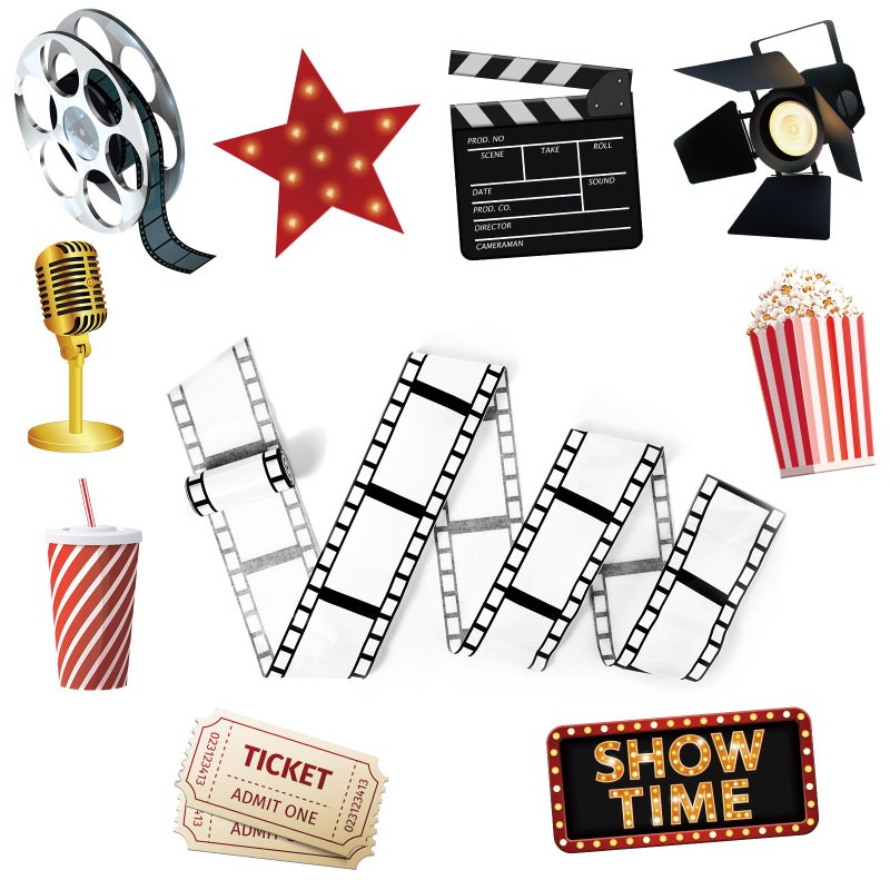 Tallew 12 Pcs Movie Night Party Decorations Set Includes 11 Pcs Red Carpet Cutouts Theater Photo Booth Cards Cinema Centerpiece Sign, 1 Pack Filmstrip Party Tape Movie Theme Props Film Border Roll - Image 1
