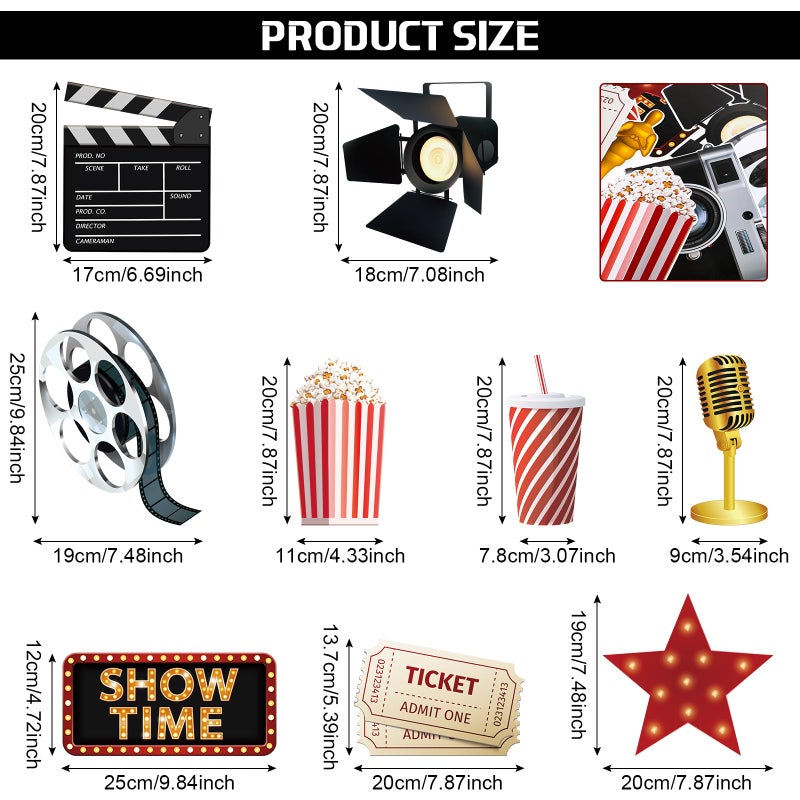 Tallew 12 Pcs Movie Night Party Decorations Set Includes 11 Pcs Red Carpet Cutouts Theater Photo Booth Cards Cinema Centerpiece Sign, 1 Pack Filmstrip Party Tape Movie Theme Props Film Border Roll - Image 2