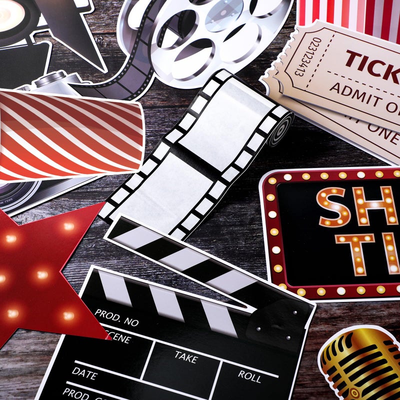 Tallew 12 Pcs Movie Night Party Decorations Set Includes 11 Pcs Red Carpet Cutouts Theater Photo Booth Cards Cinema Centerpiece Sign, 1 Pack Filmstrip Party Tape Movie Theme Props Film Border Roll - Image 4