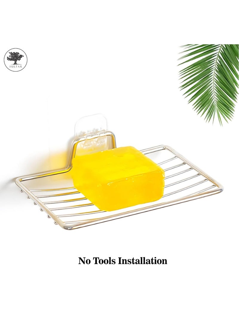 sulfar Soap Dish Holder,Self Adhesive Wall Mounted Soap Sponge Holder Stainless Steel Storage Saver Rack for Home Kitchen Bathroom Shower (Silver) Pack of 1  - Image 3