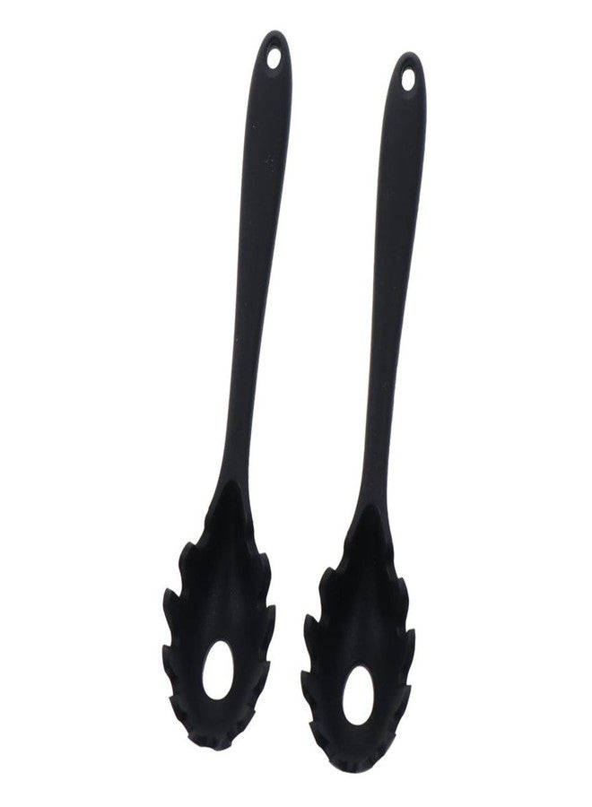 hobbyme 2 Pcs Durable Silicone Pasta Fork, Multi-purpose Household Pasta Scoop Strainer Spoon Tooth Design Long Handle Bottom Hollowing for Kitchen, Restaurant, Snack Bar(Black) - Image 1