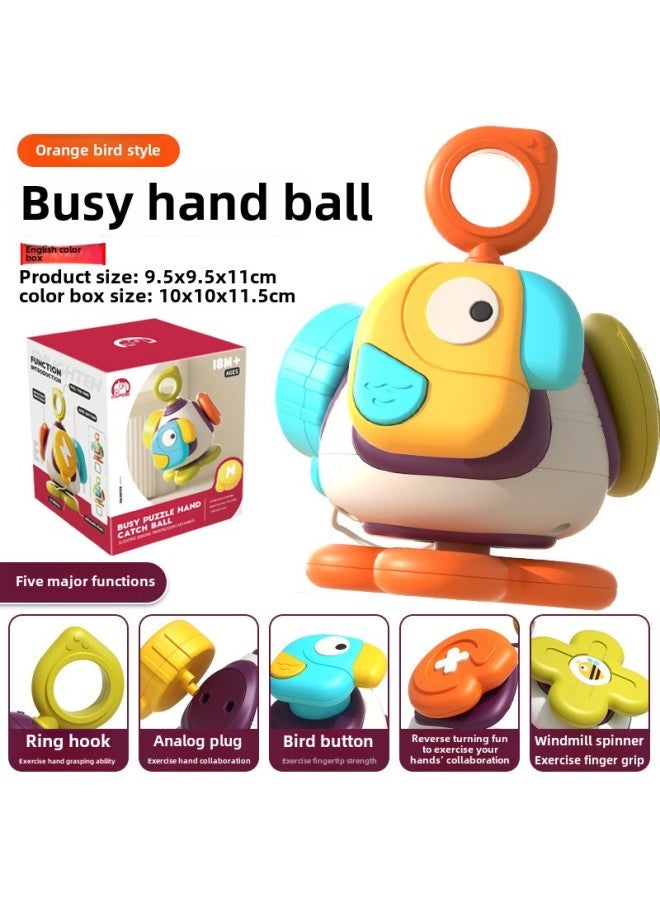Infants Can Bite Soft Rubber Hand-held Ball Rattle Toys To Learn The Rainbow Plug Plug Plug Pull Pull Pull Baby Toys-Color:[Orange Bird] Busy Hand Catch Ball-English Color Box 118g - Image 1