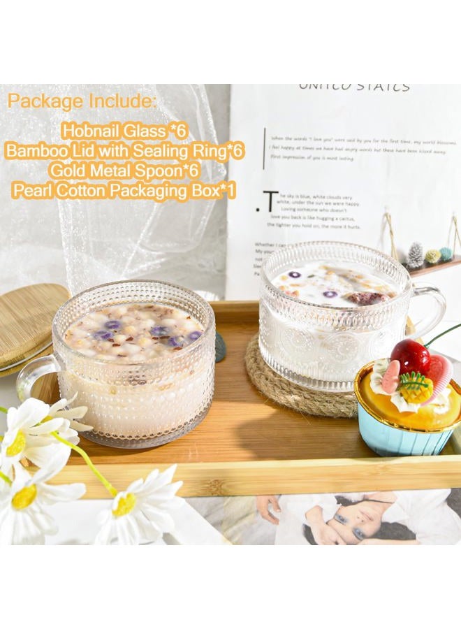 Icesip 14oz 6 Pack Mugs Vintage Hobnail Overnight Oats Glass Containers with Bamboo Lids Spoons Handle Sealing Ring for Cappuccino Latte Cereal Yogurt - Image 2