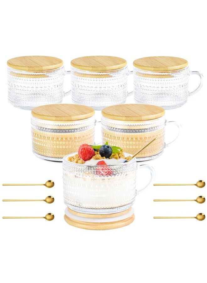 Icesip 14oz 6 Pack Mugs Vintage Hobnail Overnight Oats Glass Containers with Bamboo Lids Spoons Handle Sealing Ring for Cappuccino Latte Cereal Yogurt - Image 1
