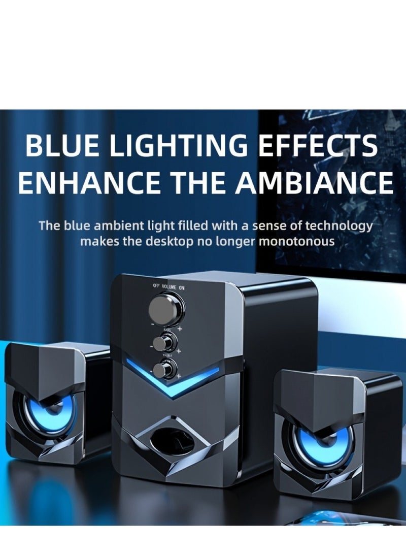 مكبرات صوت سطح مكتب عالية الجودة 2.1 ستيريو مع اتصال بلوتوث للهاتف مع إضاءة محيطة LED - تعمل بالطاقة عبر USB، ومقبس صوت 3.5 مم، واتصال سلكي للكمبيوتر الشخصي والكمبيوتر المحمول والكمبيوتر اللوحي وأجهزة الألعاب وأجهزة MP3/MP4، بتصميم أزرق عصري - Image 2