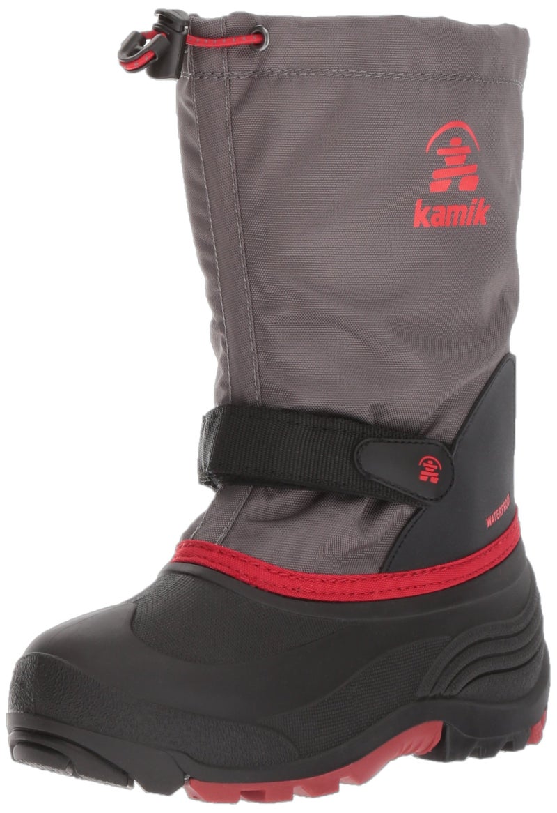 Kamik Waterbug 5 Kids Snow Boots - All-Weather Waterproof Upper - Insulated Removable Liner - Durable Rubber Shell Traction - Adjustable Snow Collar with Hook & Loop Strap - Black/Charcoal - 4 Big Kid
