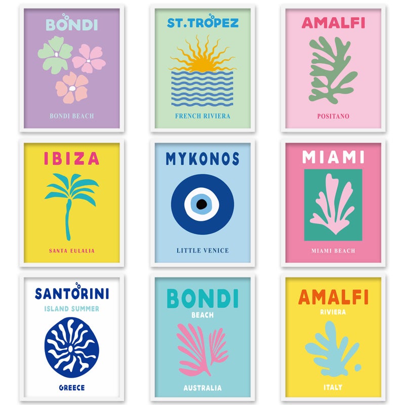 Whaline 9Pcs Preppy Travel Wall Art Prints Preppy Room Decor Abstract Aesthetic Preppy Room Decor Colorful Minimalist Unframed Art Poster Decor for Living Room Teen Girls Bedroom College Dorm Decor  8 x 10 Inch - Image 1