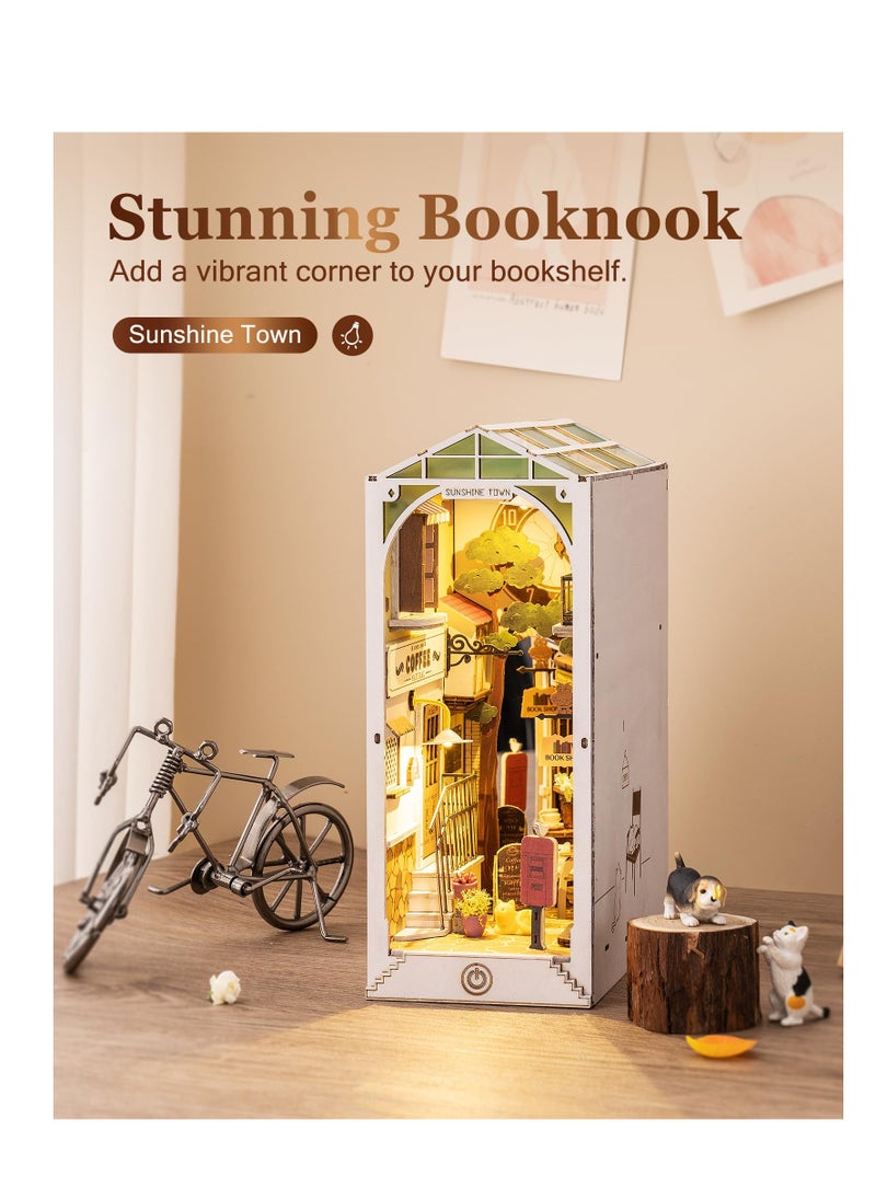 Excefore - DIY Book Nook Kit, 3D Wooden Puzzle, DIY Dollhouse Bookend Diorama Kit, Dollhouse Bookshelf Insert Diorama Decor with LED, Crafts Hobbies Gifts for Adults/Teens (Sunshine Town) - Image 1