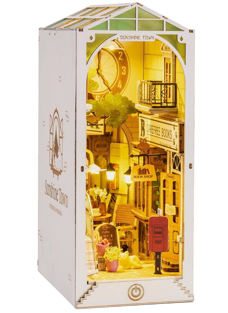 Excefore - DIY Book Nook Kit, 3D Wooden Puzzle, DIY Dollhouse Bookend Diorama Kit, Dollhouse Bookshelf Insert Diorama Decor with LED, Crafts Hobbies Gifts for Adults/Teens (Sunshine Town) - Image 1