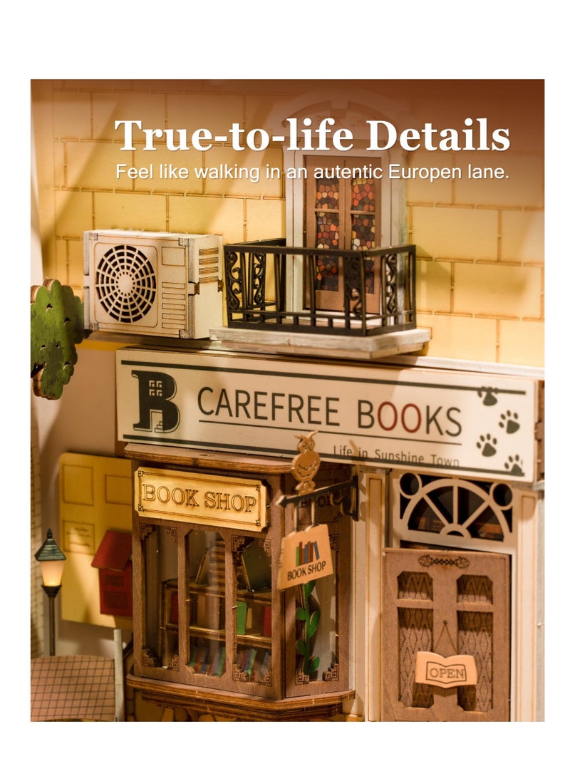 Excefore - DIY Book Nook Kit, 3D Wooden Puzzle, DIY Dollhouse Bookend Diorama Kit, Dollhouse Bookshelf Insert Diorama Decor with LED, Crafts Hobbies Gifts for Adults/Teens (Sunshine Town) - Image 1