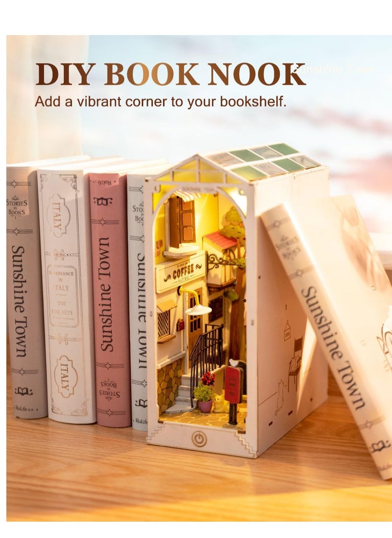 Excefore - DIY Book Nook Kit, 3D Wooden Puzzle, DIY Dollhouse Bookend Diorama Kit, Dollhouse Bookshelf Insert Diorama Decor with LED, Crafts Hobbies Gifts for Adults/Teens (Sunshine Town) - Image 1