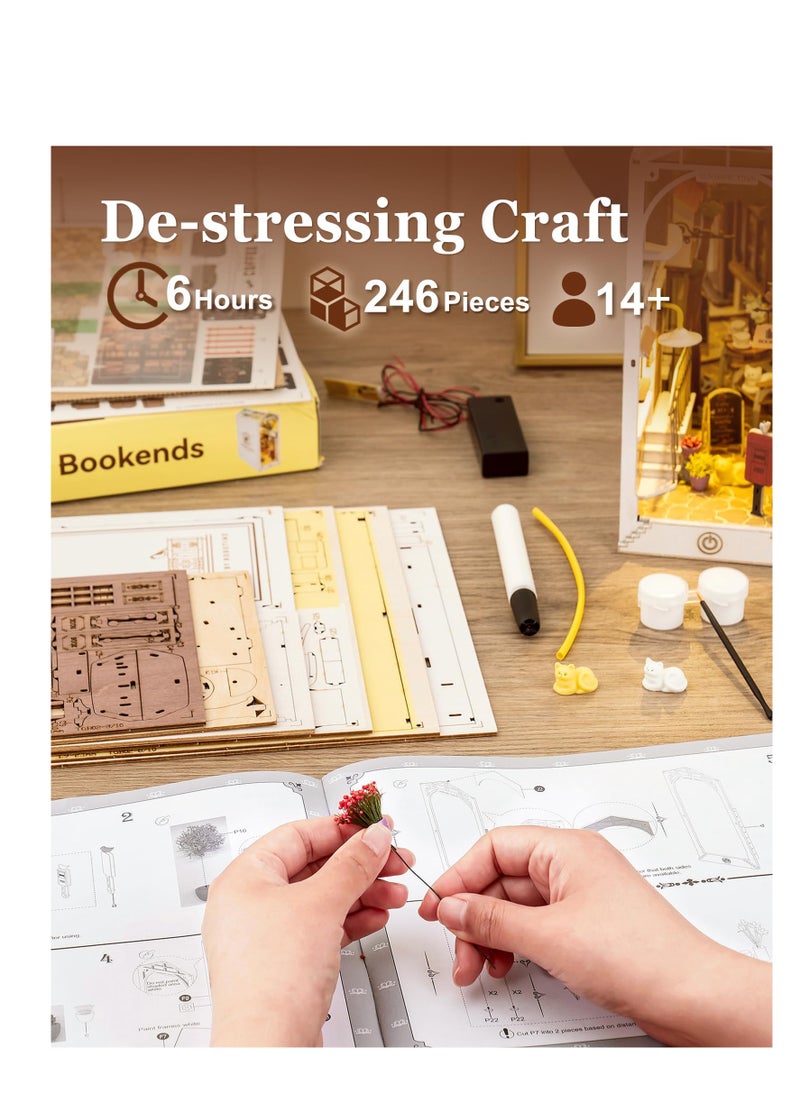 Excefore - DIY Book Nook Kit, 3D Wooden Puzzle, DIY Dollhouse Bookend Diorama Kit, Dollhouse Bookshelf Insert Diorama Decor with LED, Crafts Hobbies Gifts for Adults/Teens (Sunshine Town) - Image 1