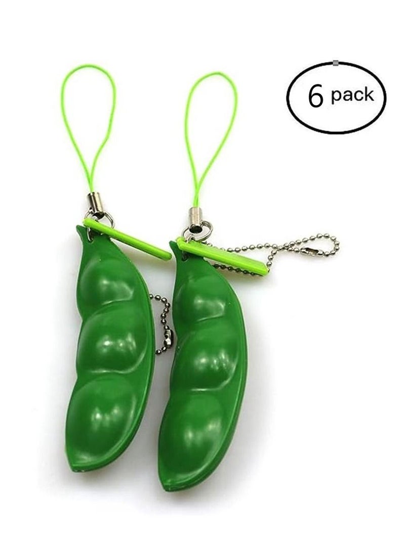 Fidget Toys 6 Pack Edamame Keychain Squeeze-a-Bean Soybean Stress Relieving Keychain Keyring Phone Chain Pendants