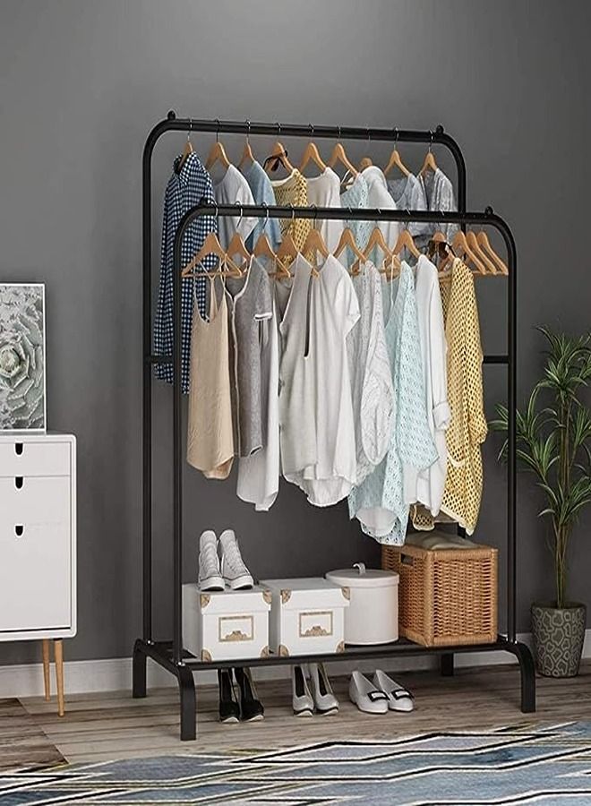 Monoptilon Monoptilon Clothes Rack with Double Rods 110cm, Metal Garment Rack Coat Rack Shoes Rack, Clothes Rail Stand, Multipurpose Clothes Hanger Organizer (Black) - Image 3