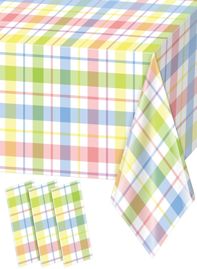 Jectivs 3Pcs Spring Easter Buffalo Plaid Checkered Tablecloth Decorations,Plastic Watercolor Pink Blue Yellow Pastel Dinner Table Cover for Indoor Outdoor Spring Birthday Easter Party Supplies,54 x 108 Inch - Image 1