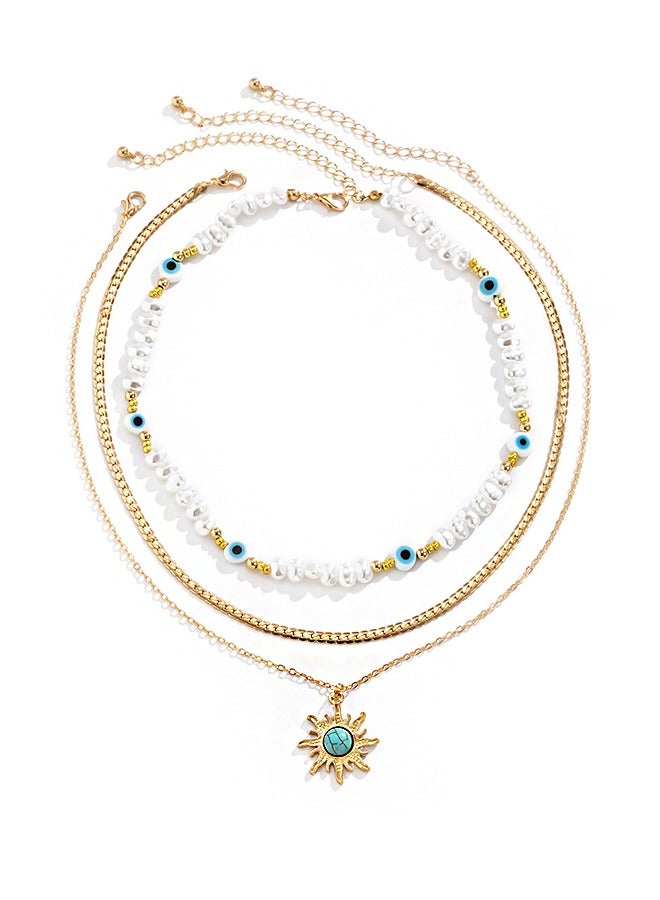 Beyond Turquoise Multi Layer Tassel Necklace, Anti Rust and Anti Fading Pearl Necklace, Fashion Jewelry Gift (Gold + White) - Image 1