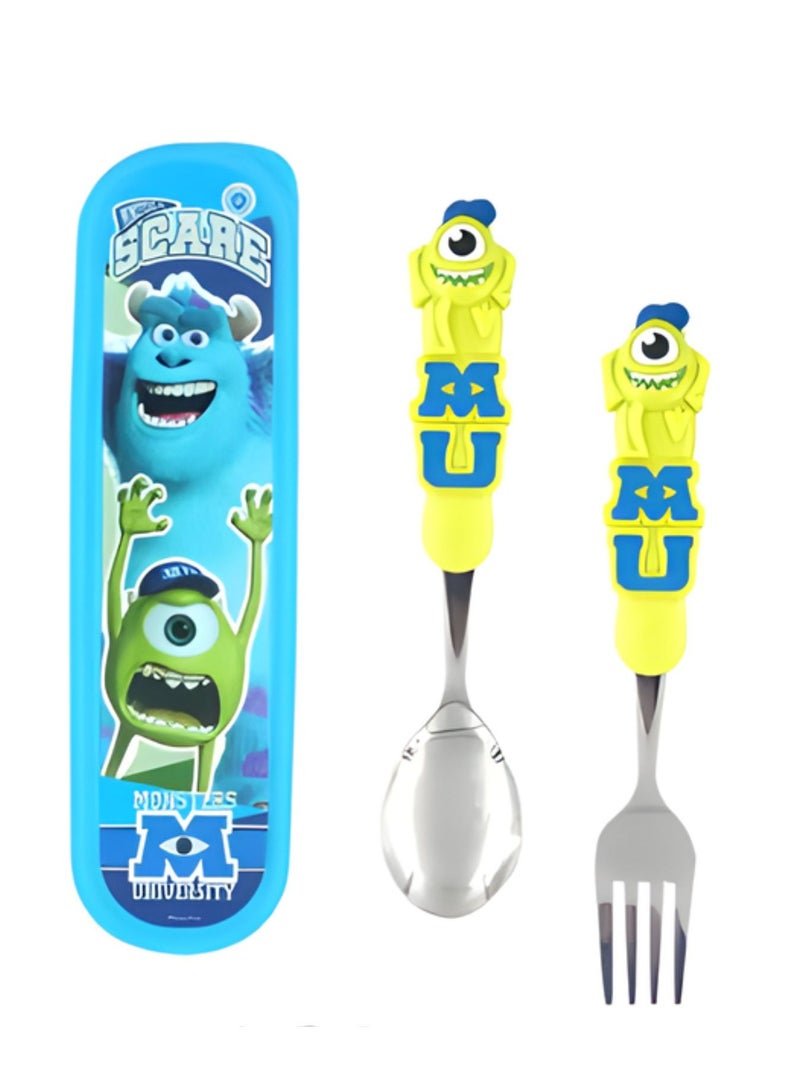 Disney Kids Travel Cutlery Set Utensils Stainless Steel with 3D Cartoon Character (Mike) age2+ - Image 1