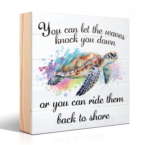 Vgrti You Can Let The Waves Knock You Down or You Can Ride Them Back To Shore Wooden Box Sign, Inspirational Sea Turtle Beach Sign Decor for Home Office, Inspirational Gifts for Women Sea Turtle Lover - Image 1