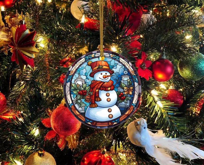 WLWLGLUCK Snowman Ceramic Ornament in Stained Glass Patterns  Christmas Ceramic Hanging Ornament  Christmas Tree Ornament for Home Decors  Retro Style Funny Snowman Hanging Decors - Image 3