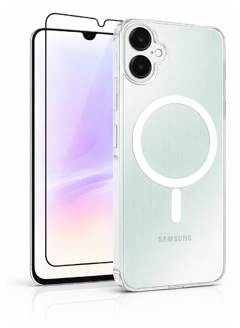 م ة ب م جراب مغناطيسي شفاف لهاتف سامسونج جالاكسي A06 مع واقي شاشة من الزجاج المقوى، عبوة من قطعتين - Image 1