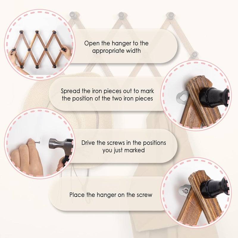 WodGod Wooden Expandable Accordion Wall Hanger,2 Pack Including 20 Peg Hooks,Perfectly Hook for Baseball Caps, Coats, Mugs,Coffee, Coat,Keys, Hat Rack,X Shape,Make Living Room Decorative and Neat,Rustic - Image 3