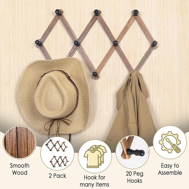 WodGod Wooden Expandable Accordion Wall Hanger,2 Pack Including 20 Peg Hooks,Perfectly Hook for Baseball Caps, Coats, Mugs,Coffee, Coat,Keys, Hat Rack,X Shape,Make Living Room Decorative and Neat,Rustic - Image 2